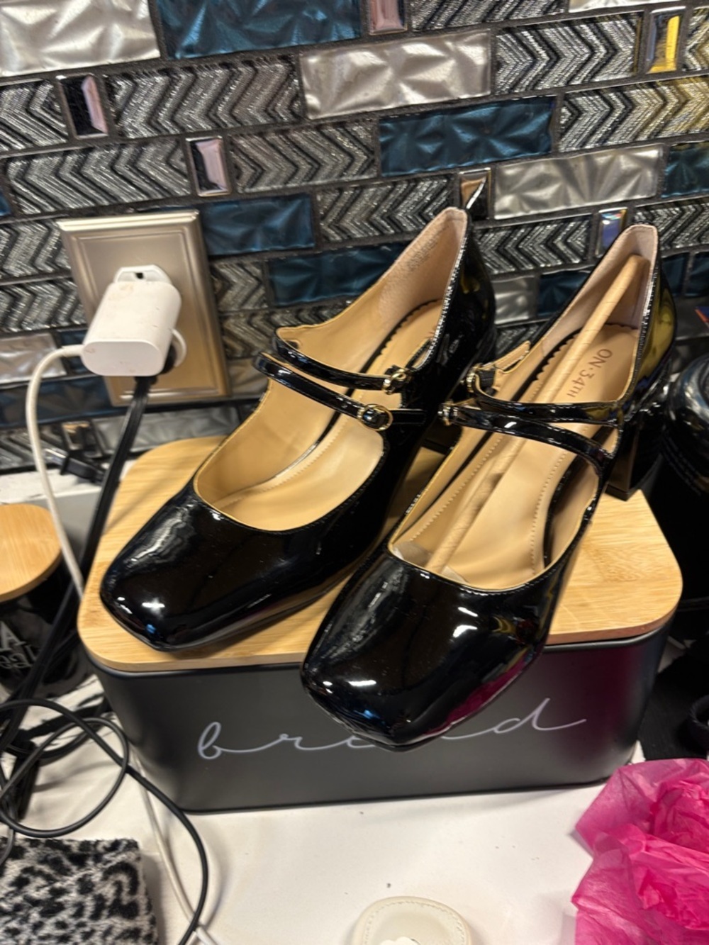 Women's Black Patent Mary Jane Block Heels